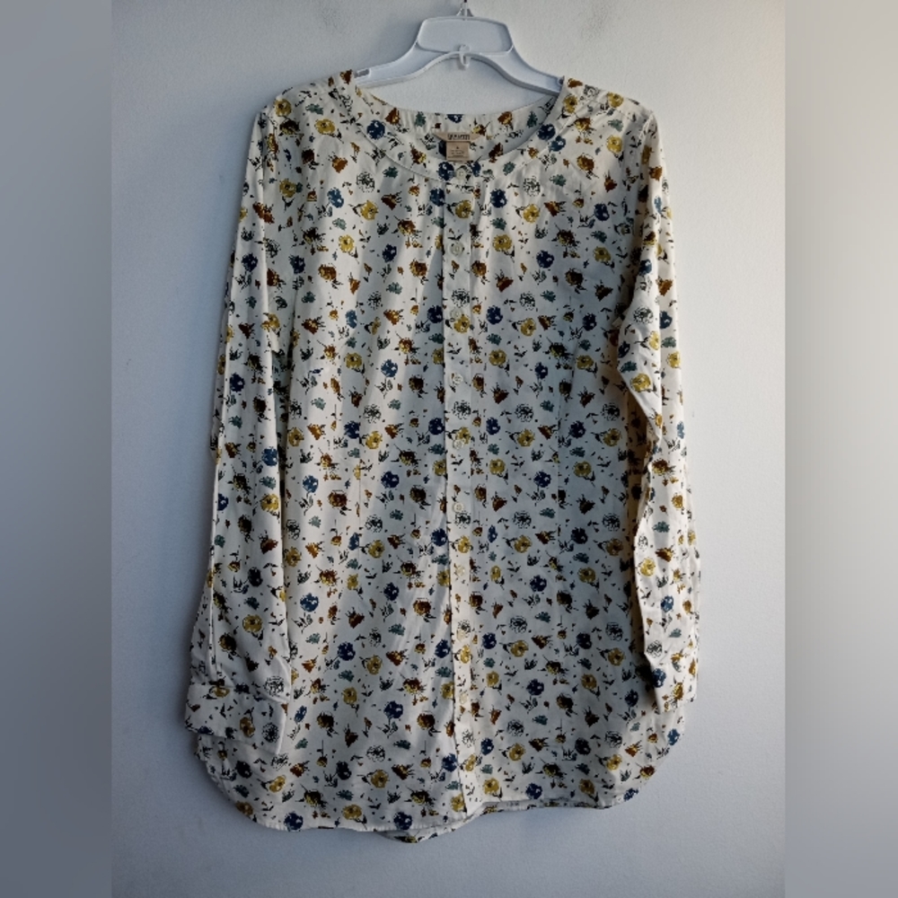 Duluth Trading Women White w/Multicolor Floral Button Down Tunic Top size Large
